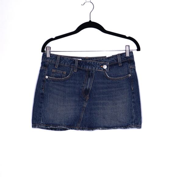 ZARA Denim Mini Skirt Dark Washed Sea Blue Mid Rise Button Fly Casual Women's S - Picture 1 of 12